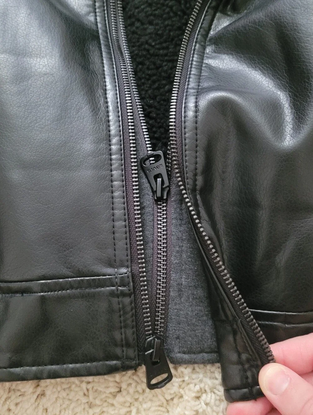 Levi Strauss Mens Black Faux Leather Moto Trucker Hoodie Layer Jacket  L